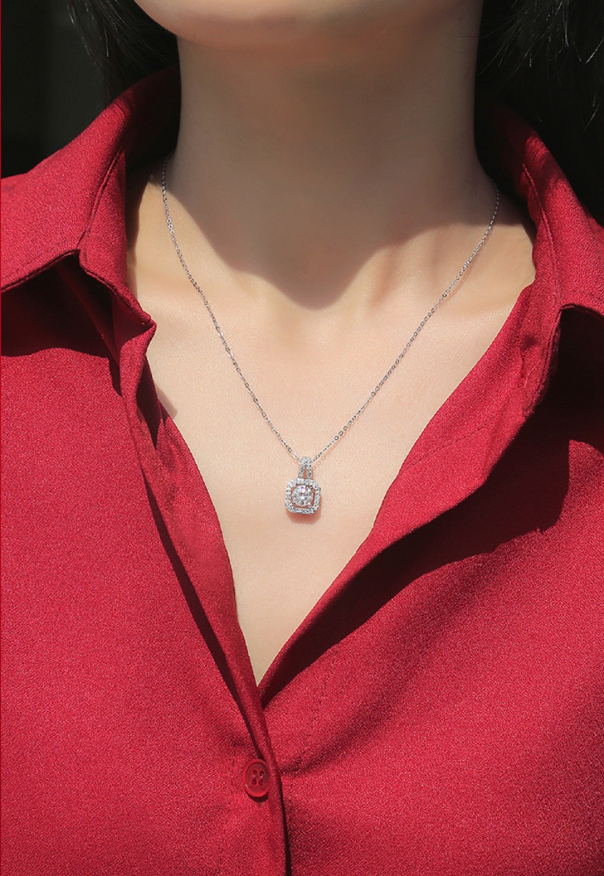 Hexagon Pavé Halo Round Moissanite Cathedral Pendant Necklace