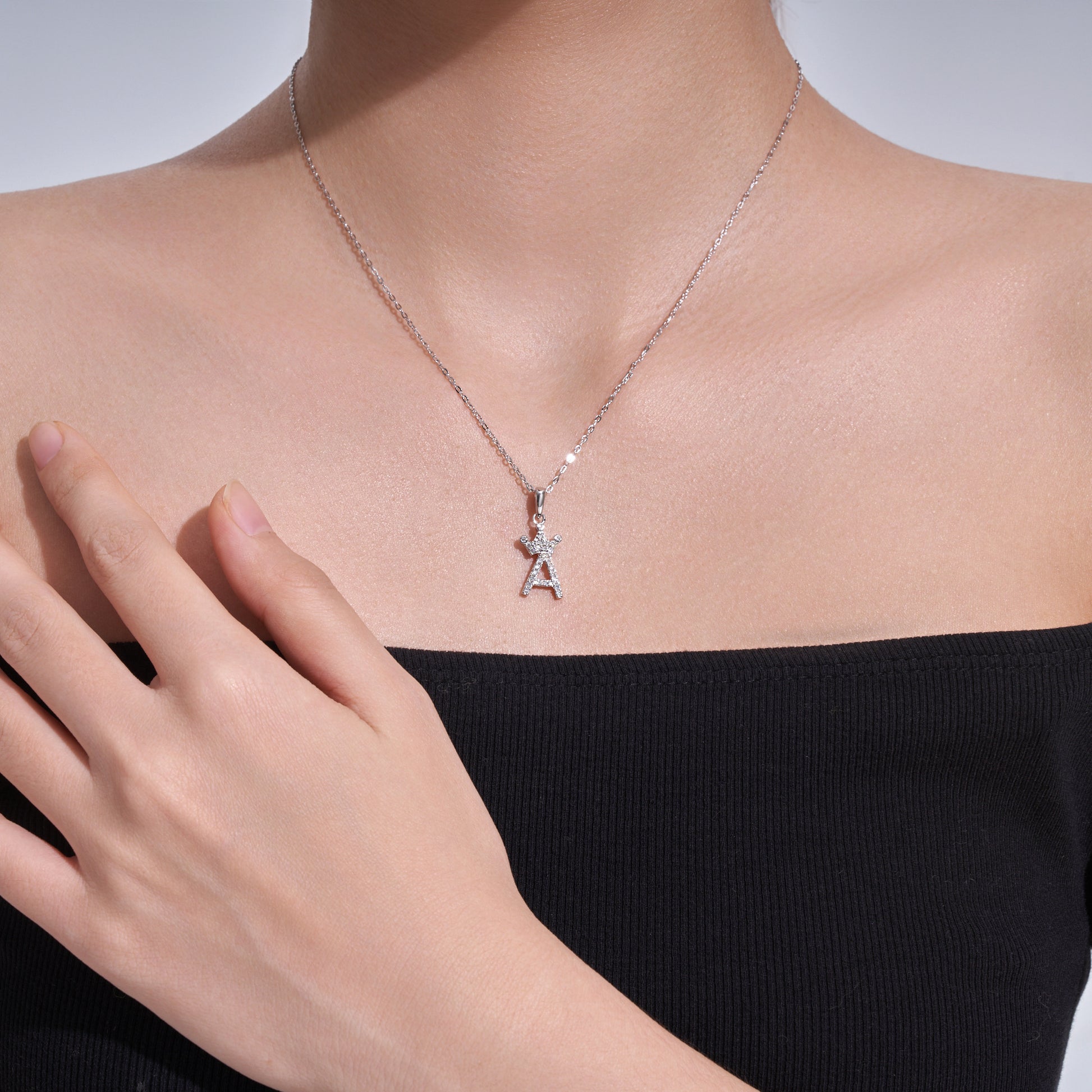 Crown Initial Necklace | Pave Letter Pendant, 925 Sterling Silver