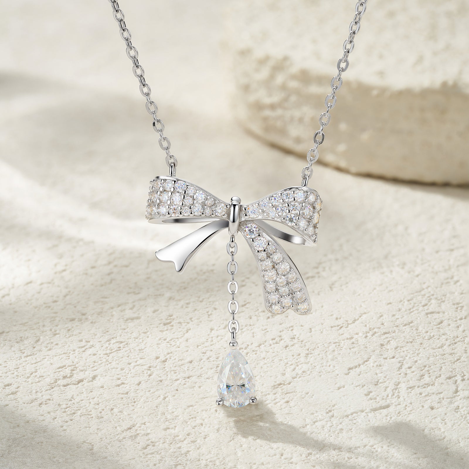 Ballet Bow Drop Pavé Pear Moissanite Necklace