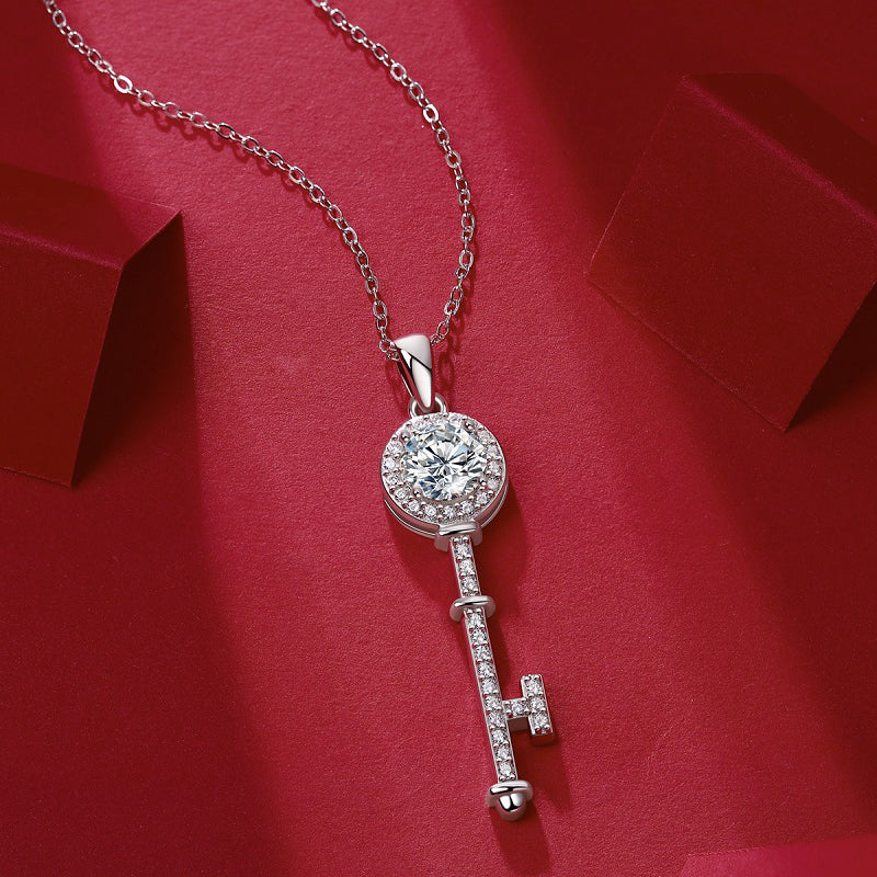 Heart Gate Key Necklace | Round Cut Moissanite, 925 Sterling Silver