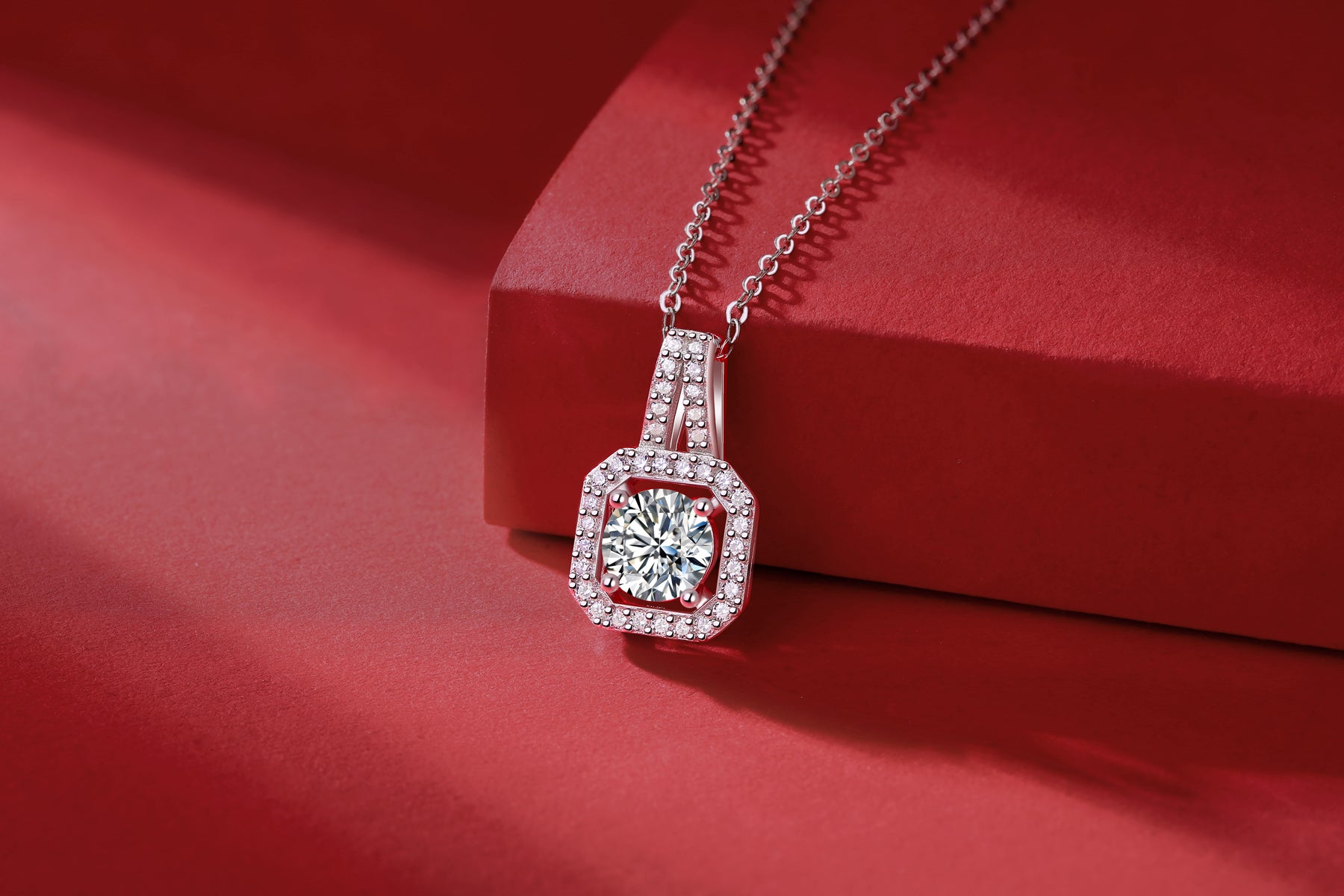Hexagon Pavé Halo Round Moissanite Cathedral Pendant Necklace