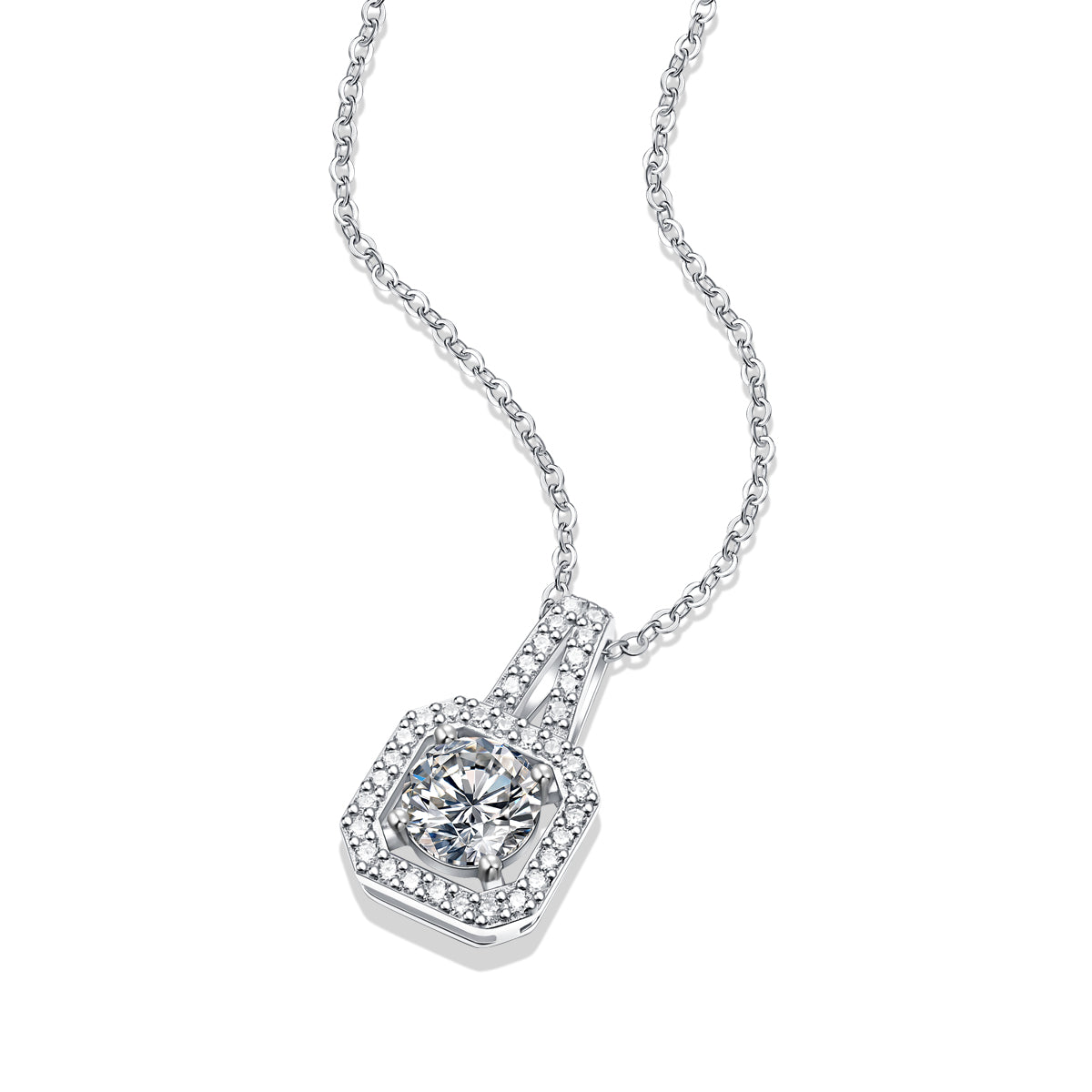 Hexagon Pavé Halo Round Moissanite Cathedral Pendant Necklace