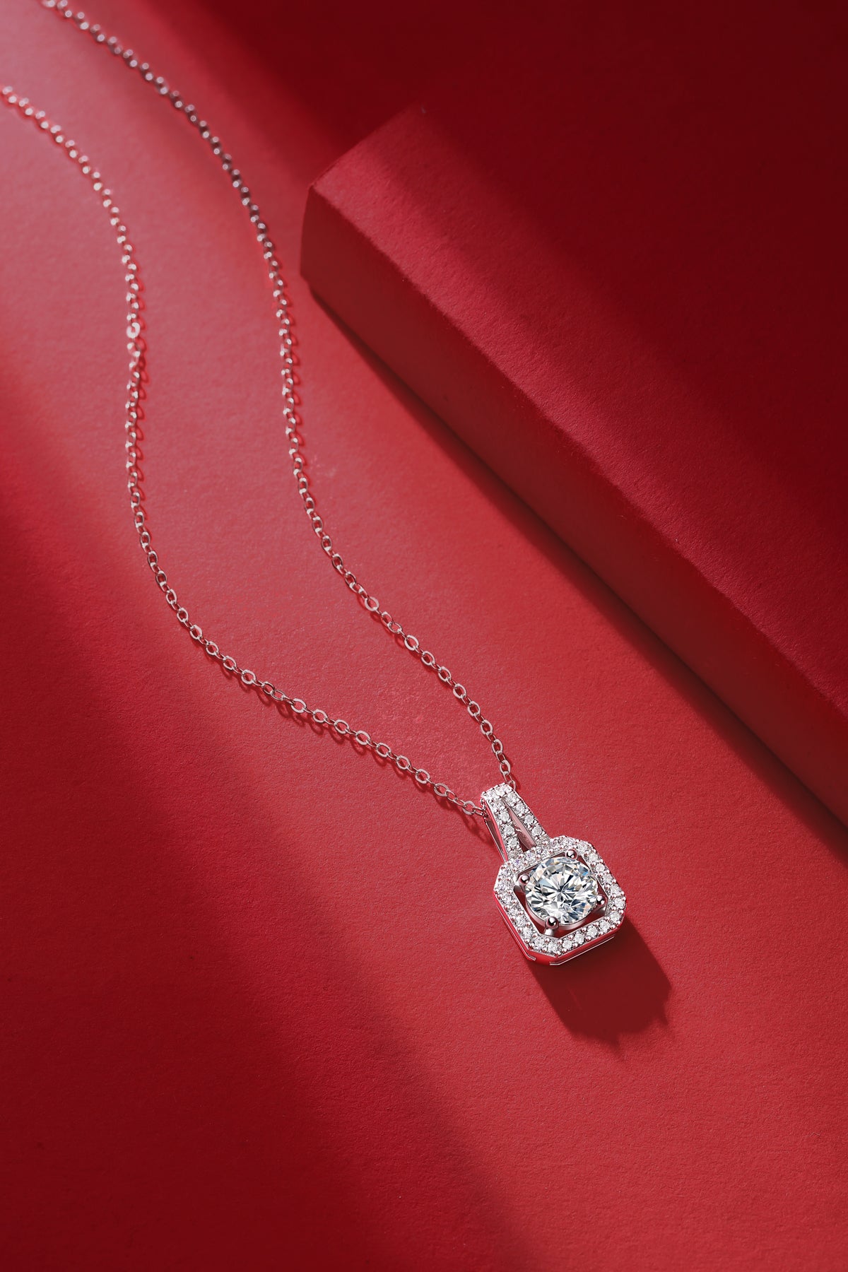 Hexagon Pavé Halo Round Moissanite Cathedral Pendant Necklace