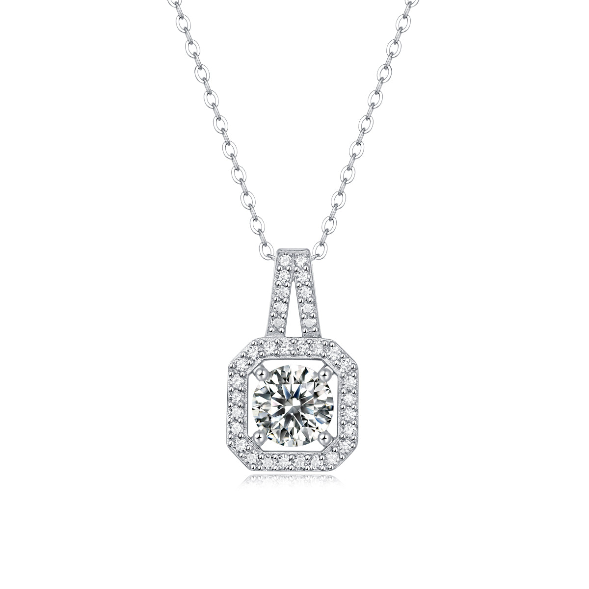 Hexagon Pavé Halo Round Moissanite Cathedral Pendant Necklace