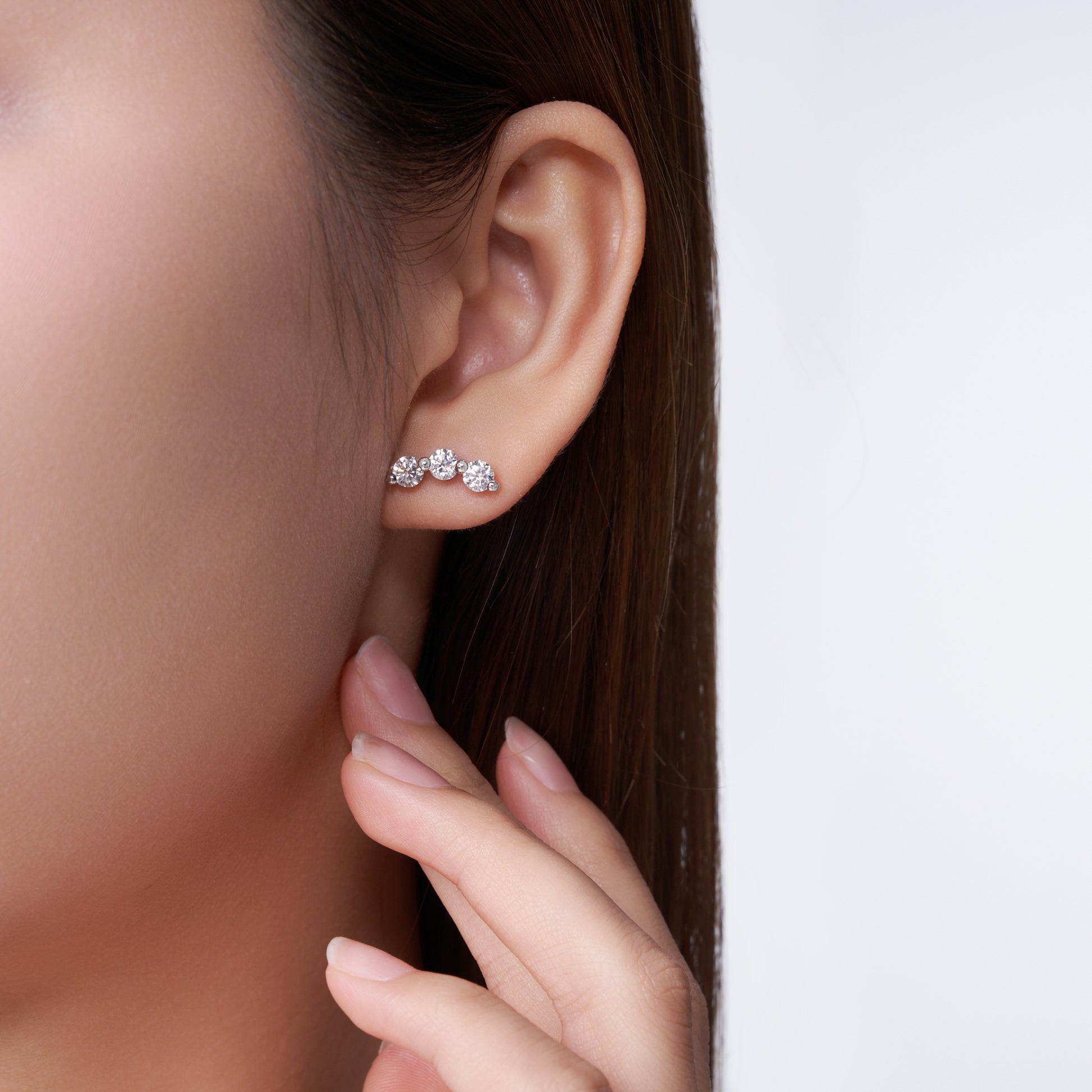 Trinity Line Stud Earrings | Round Cut Moissanite, 925 Sterling Silver