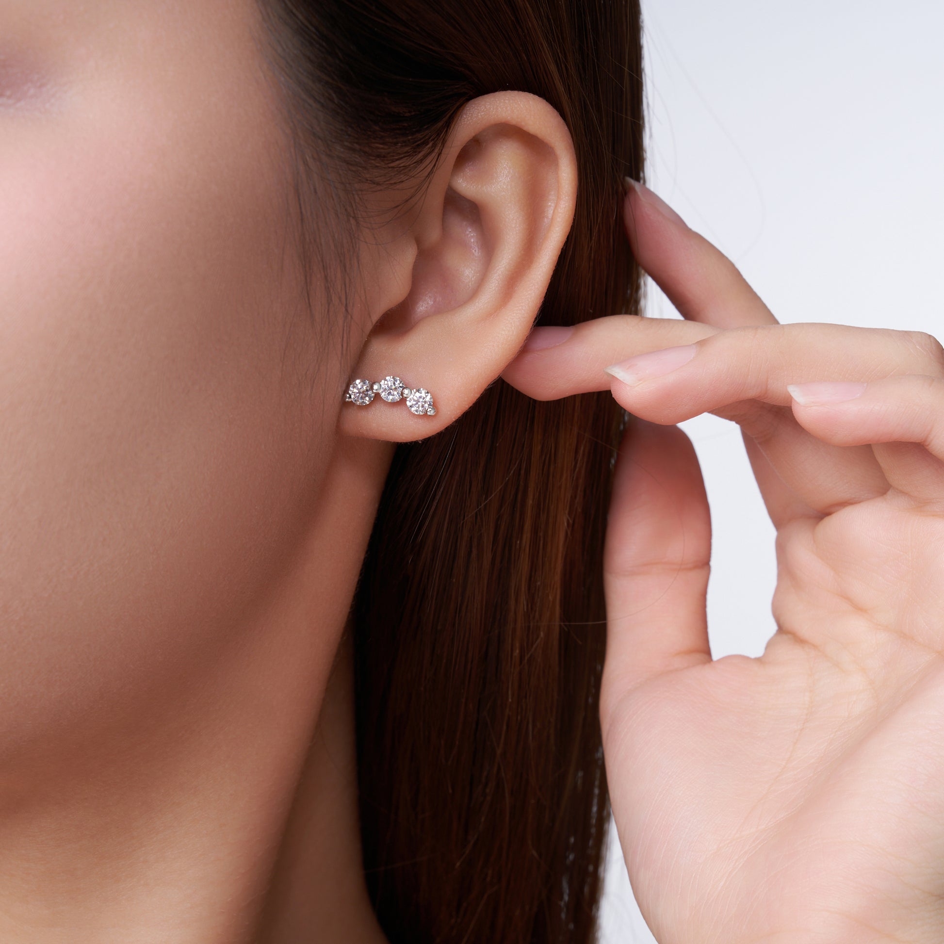 Trinity Line Stud Earrings | Round Cut Moissanite, 925 Sterling Silver