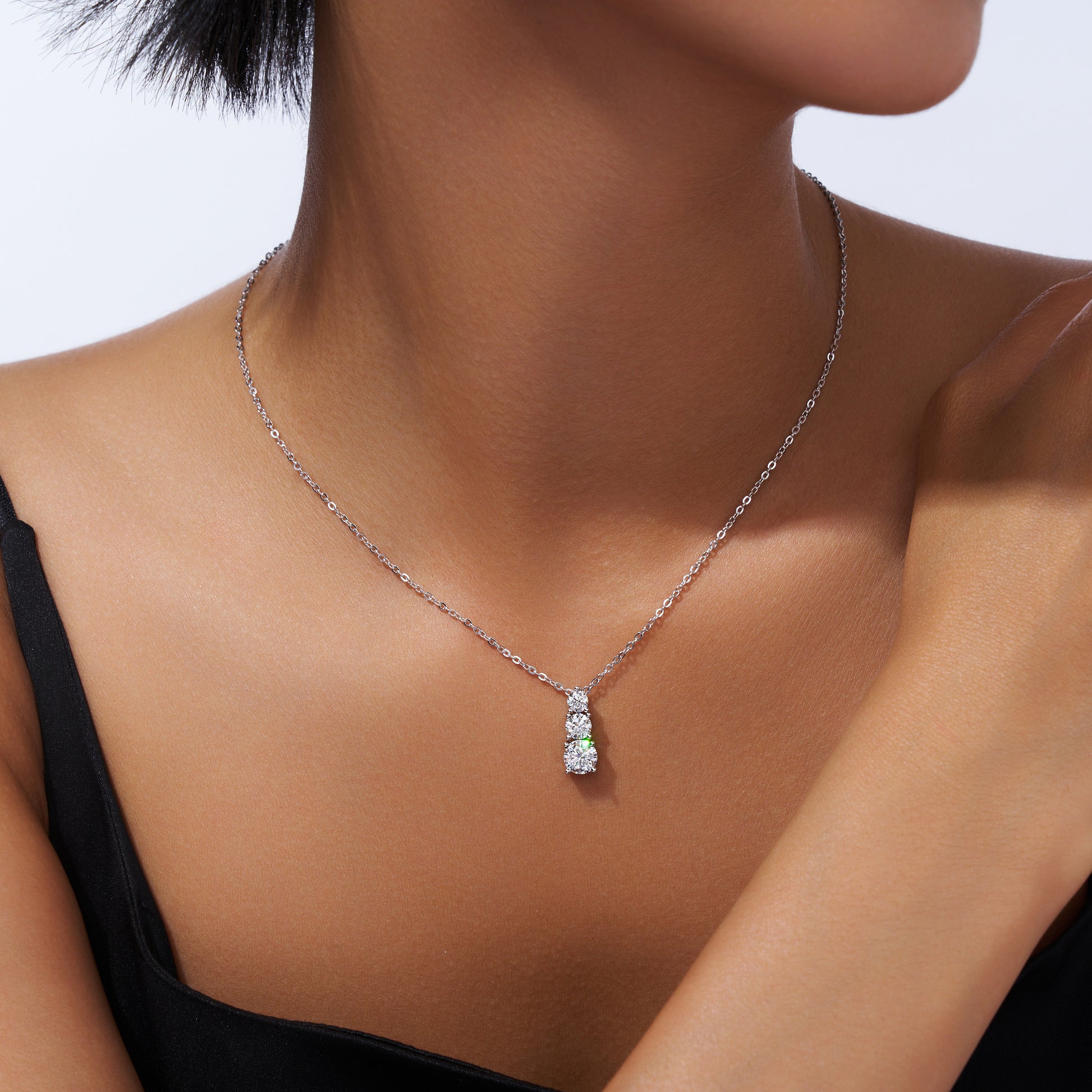 Round & Pear Three-Stone Prong-Set Moissanite Necklace