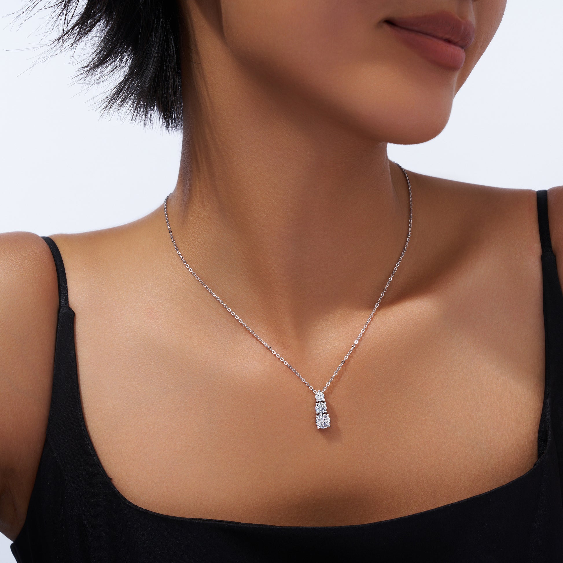 Round & Pear Three-Stone Prong-Set Moissanite Necklace