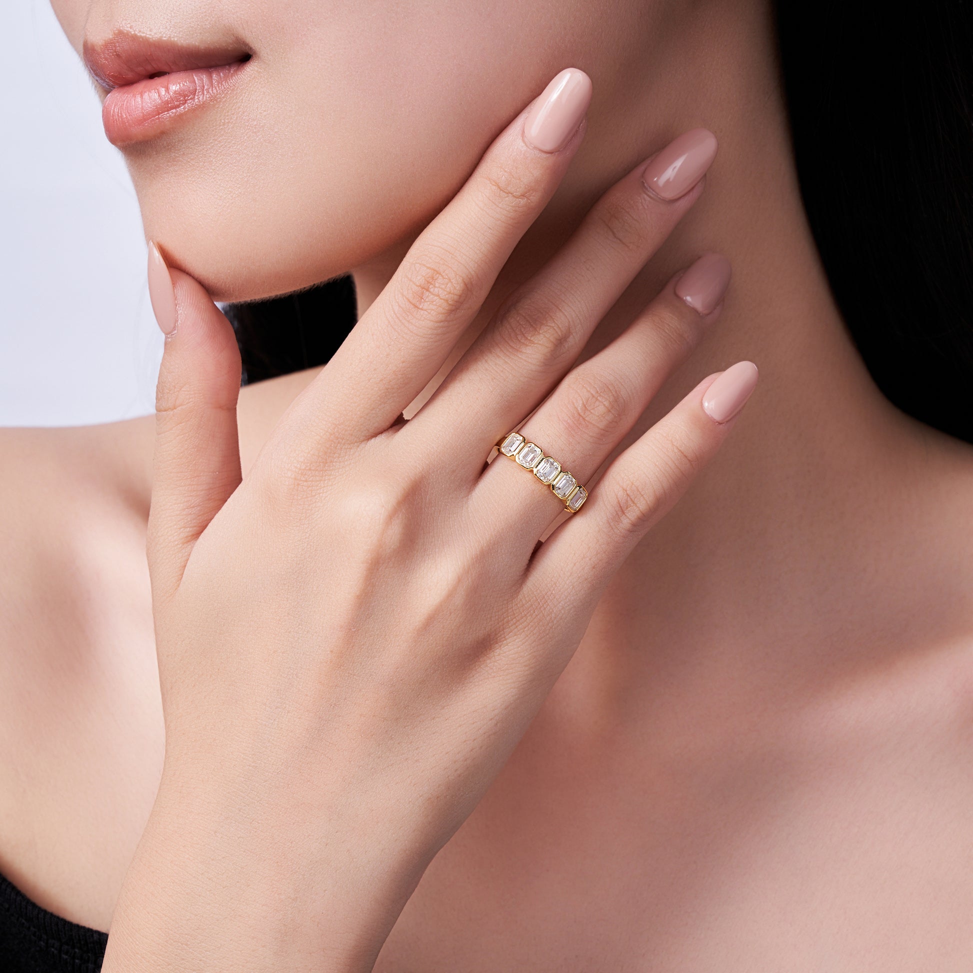 Stacked Step-Cut Halo Moissanite Ring