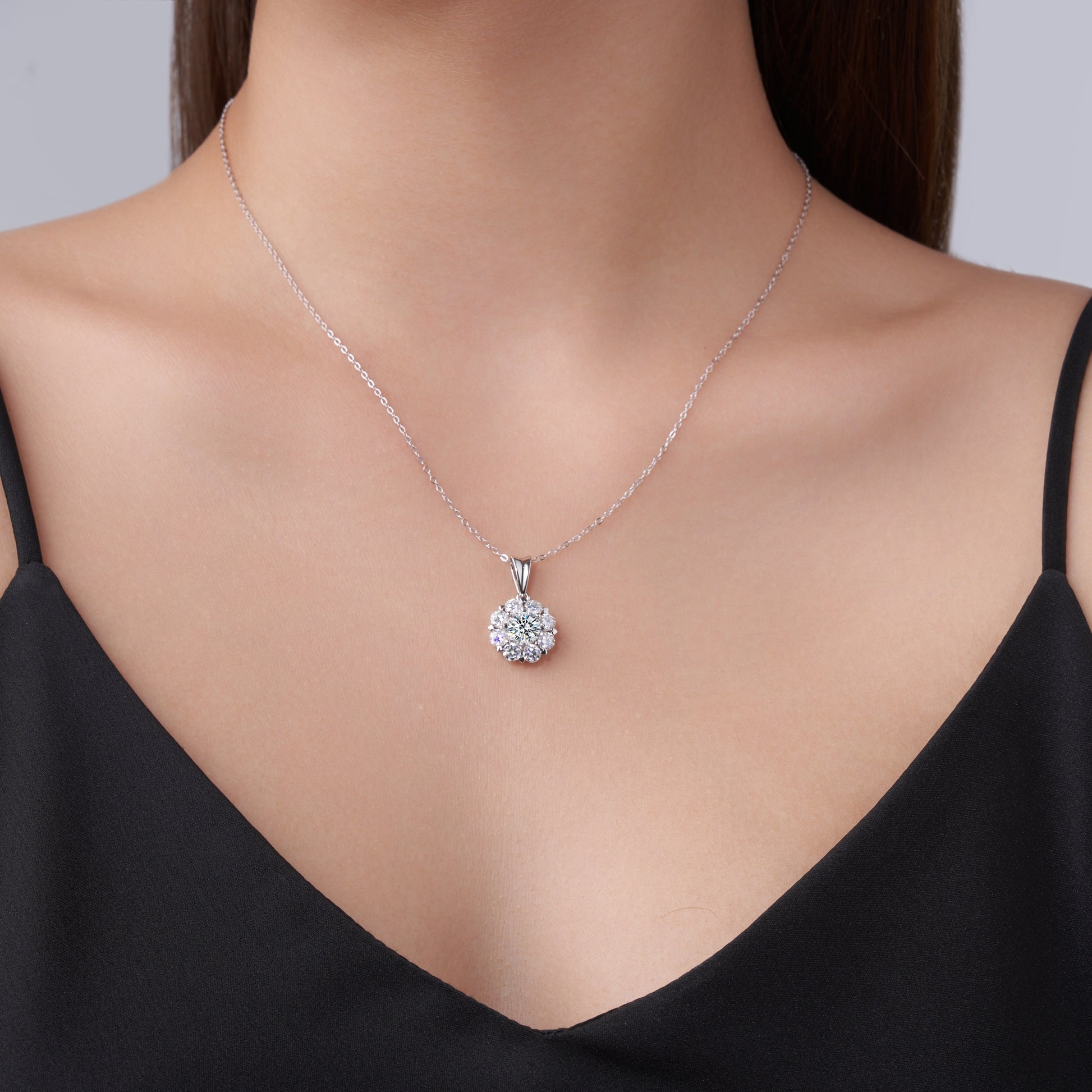 Flower Cluster Teardrop Bail Round Moissanite Necklace