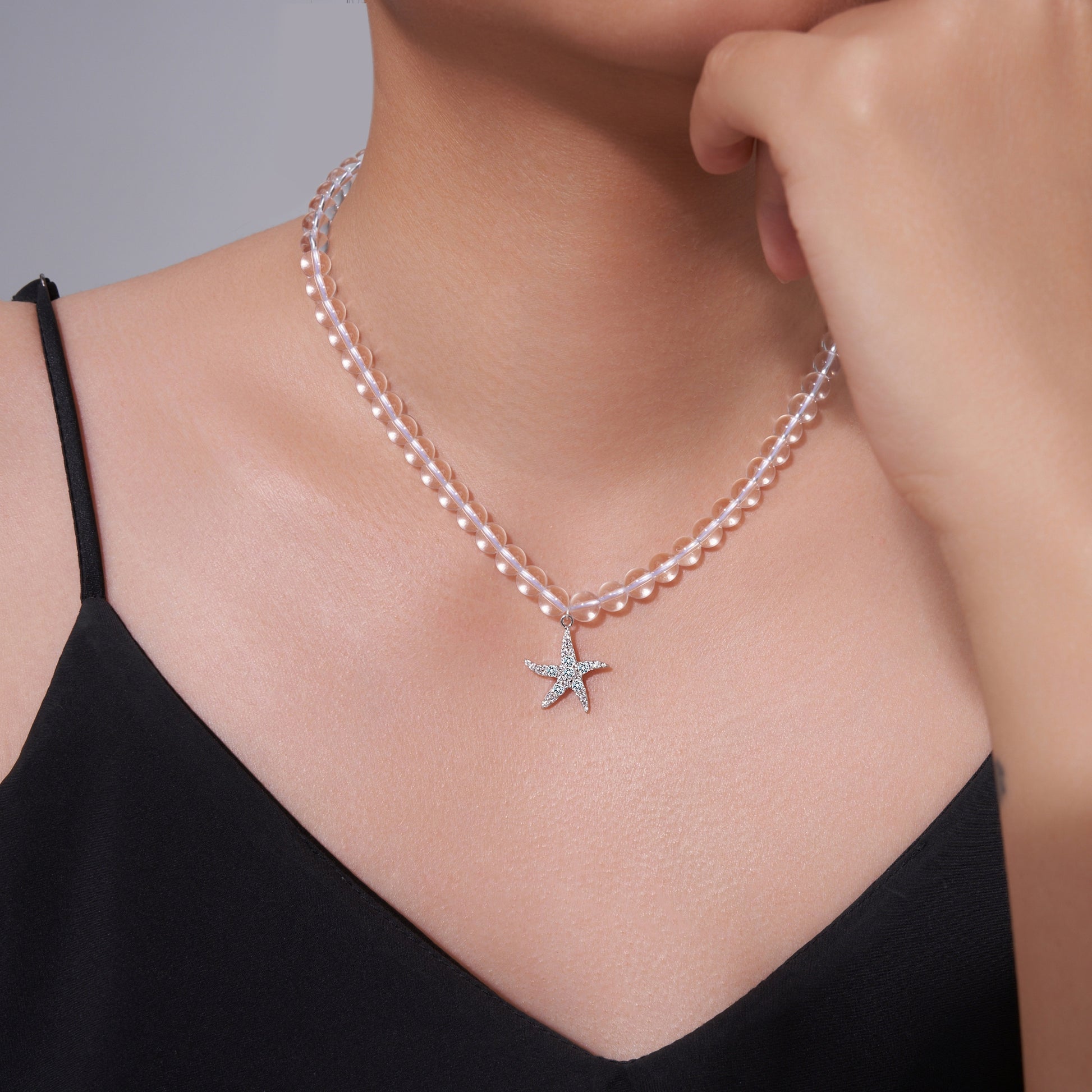 Starfish Pavé Pendant Oval Moissanite Bead Necklace