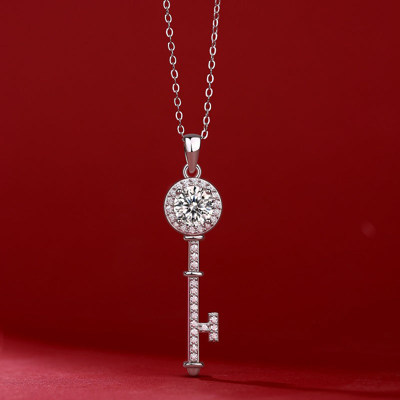 Heart Gate Key Necklace | Round Cut Moissanite, 925 Sterling Silver