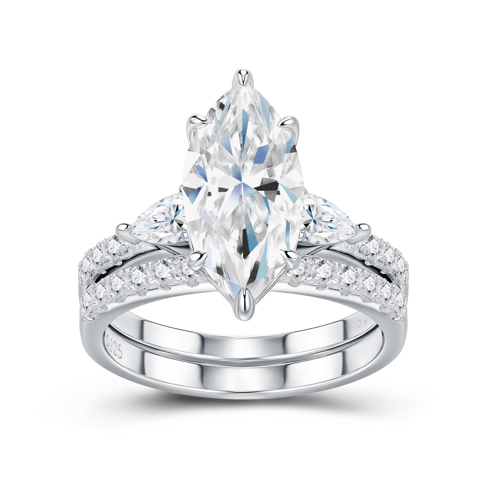 Marquise Prong-Set Solitaire Moissanite Ring with Pavé Band
