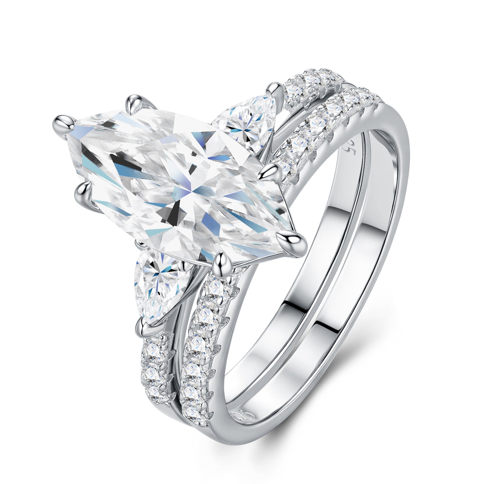 Marquise Prong-Set Solitaire Moissanite Ring with Pavé Band