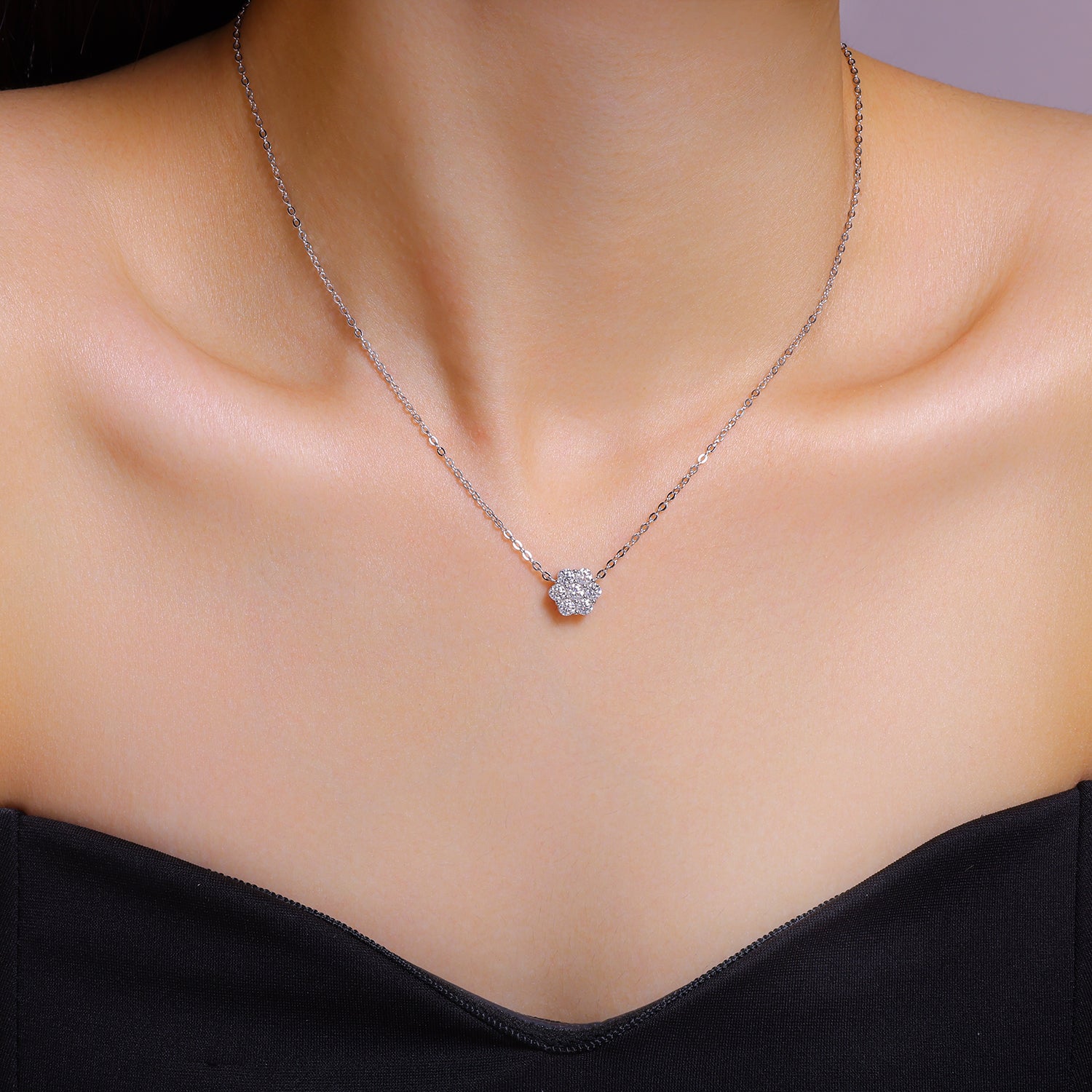 Mini Floral Cluster Halo Round Moissanite Necklace