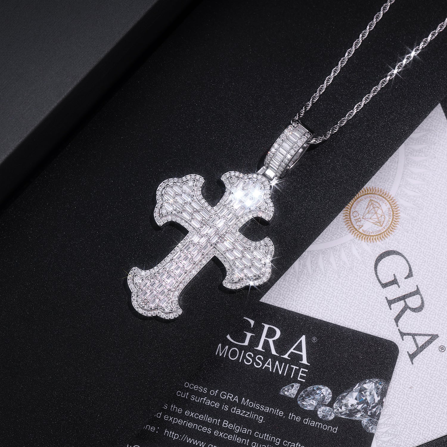 Classic Cross Halo Pavé Round Moissanite Necklace