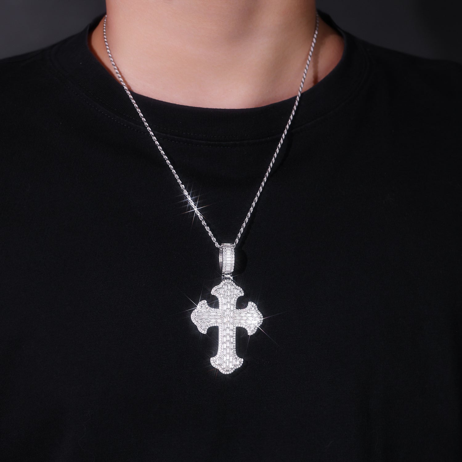 Classic Cross Halo Pavé Round Moissanite Necklace