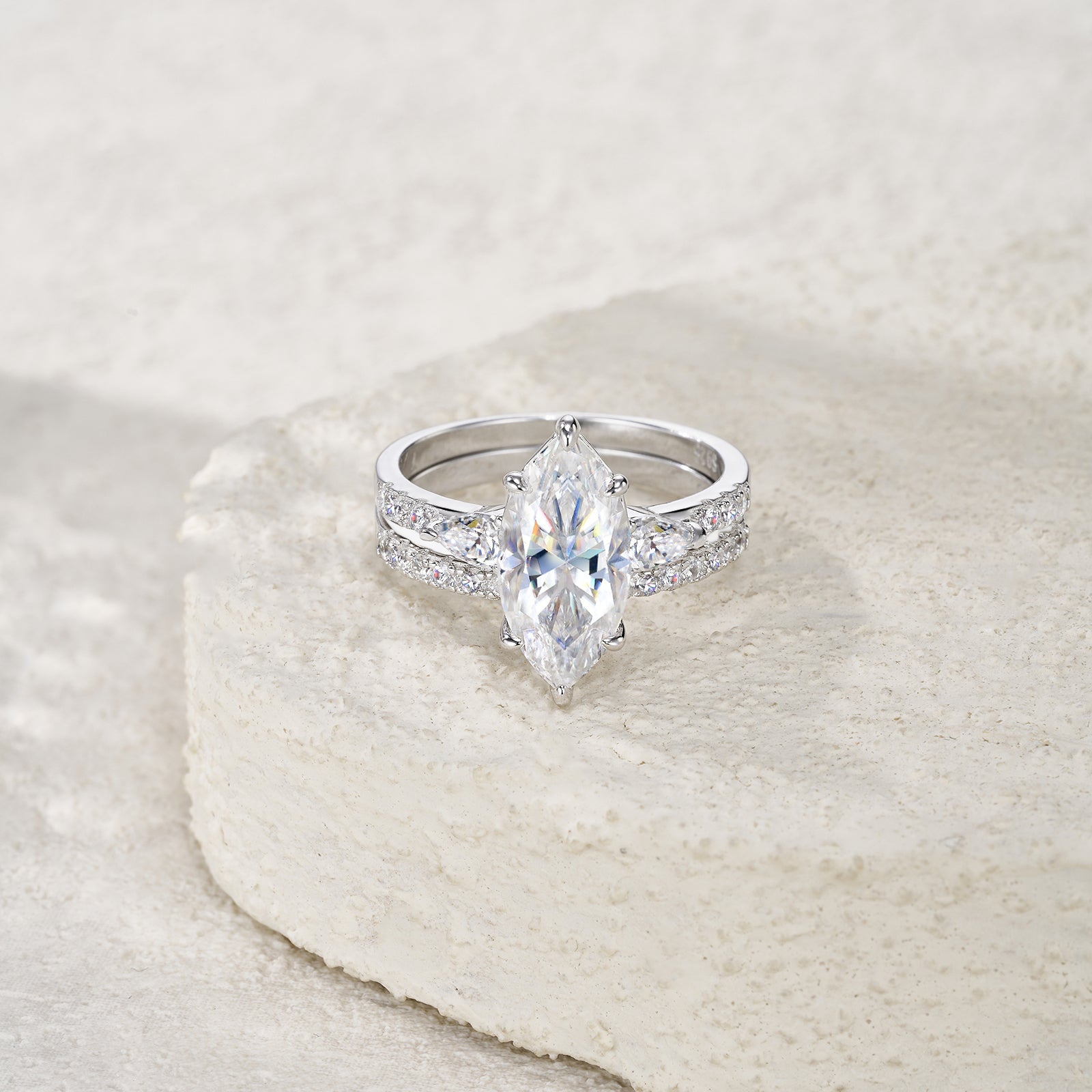 Marquise Prong-Set Solitaire Moissanite Ring with Pavé Band