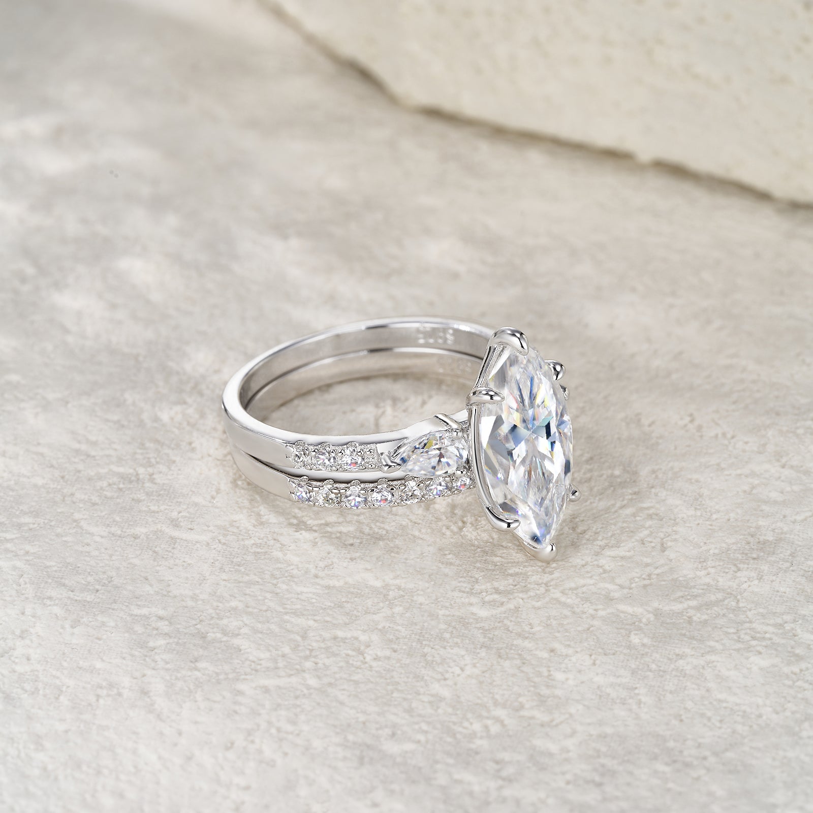 Marquise Prong-Set Solitaire Moissanite Ring with Pavé Band