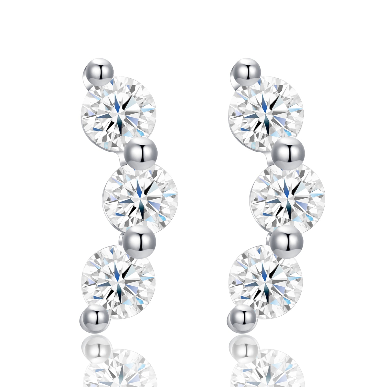 Trinity Line Stud Earrings | Round Cut Moissanite, 925 Sterling Silver