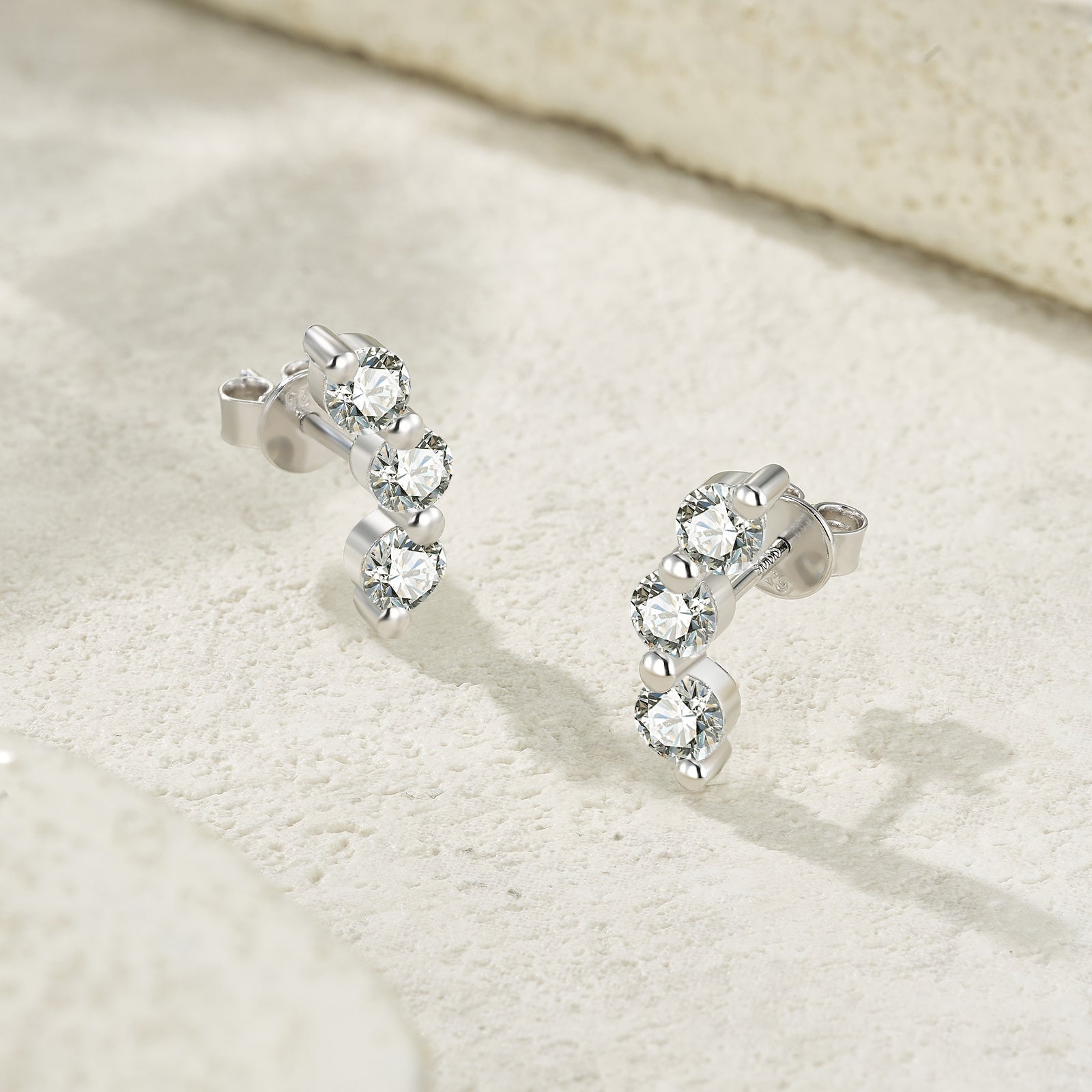 Trinity Line Stud Earrings | Round Cut Moissanite, 925 Sterling Silver