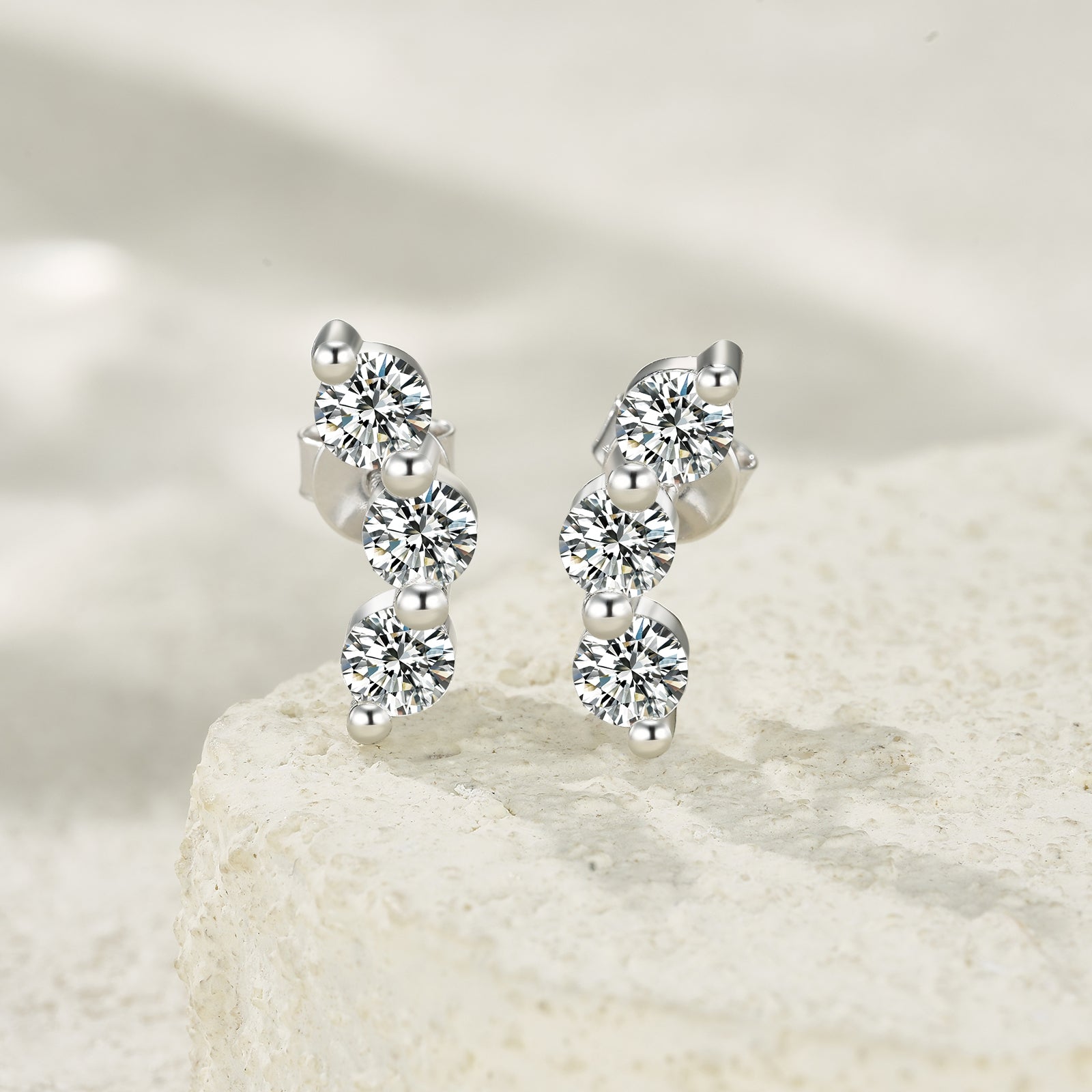 Trinity Line Stud Earrings | Round Cut Moissanite, 925 Sterling Silver