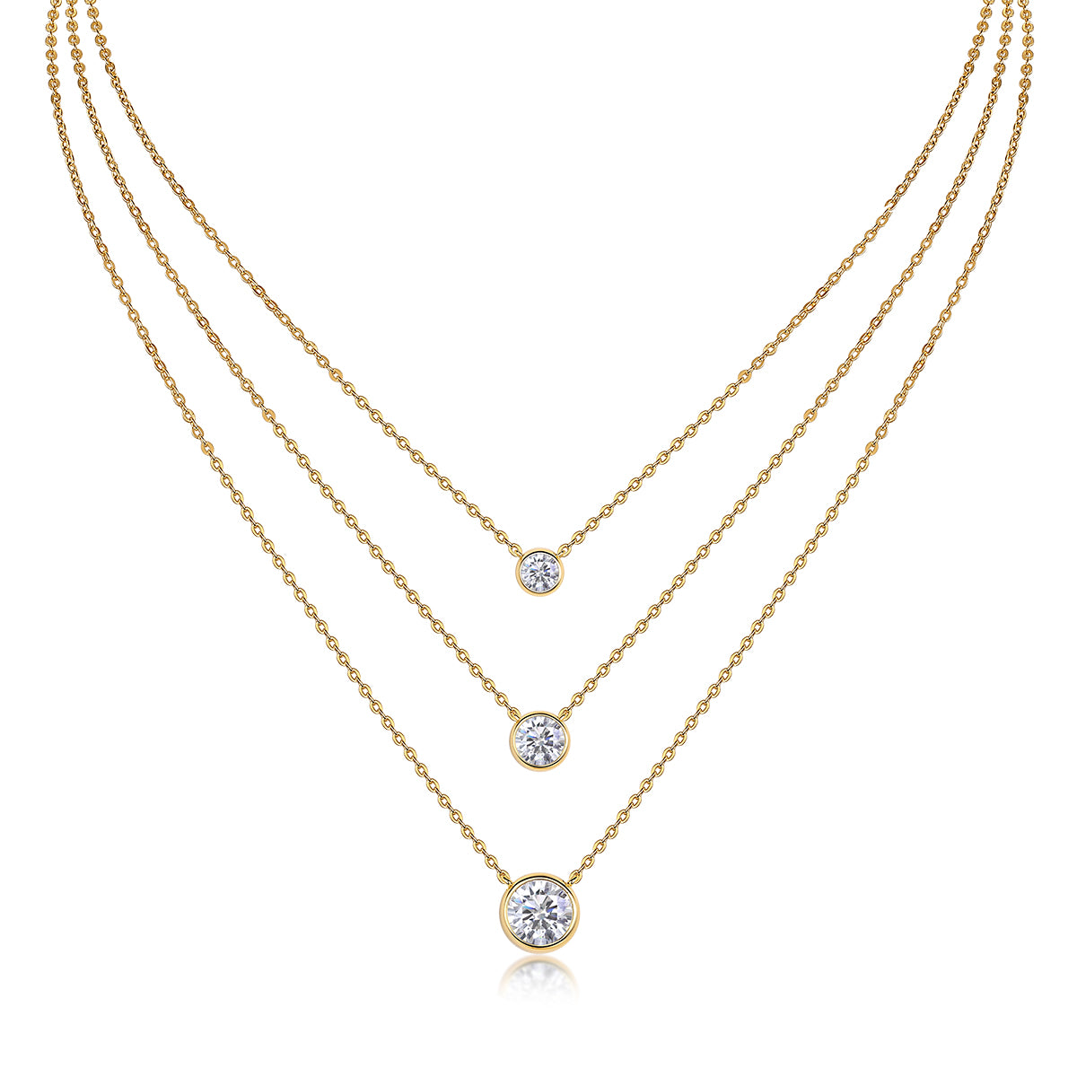Golden Orbit Necklace | 925 Sterling Silver, Graduated Bezel Moissanite Necklace