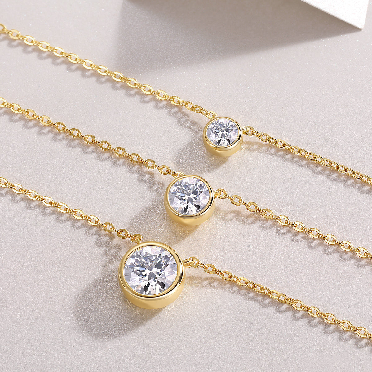 Golden Orbit Necklace | 925 Sterling Silver, Graduated Bezel Moissanite Necklace