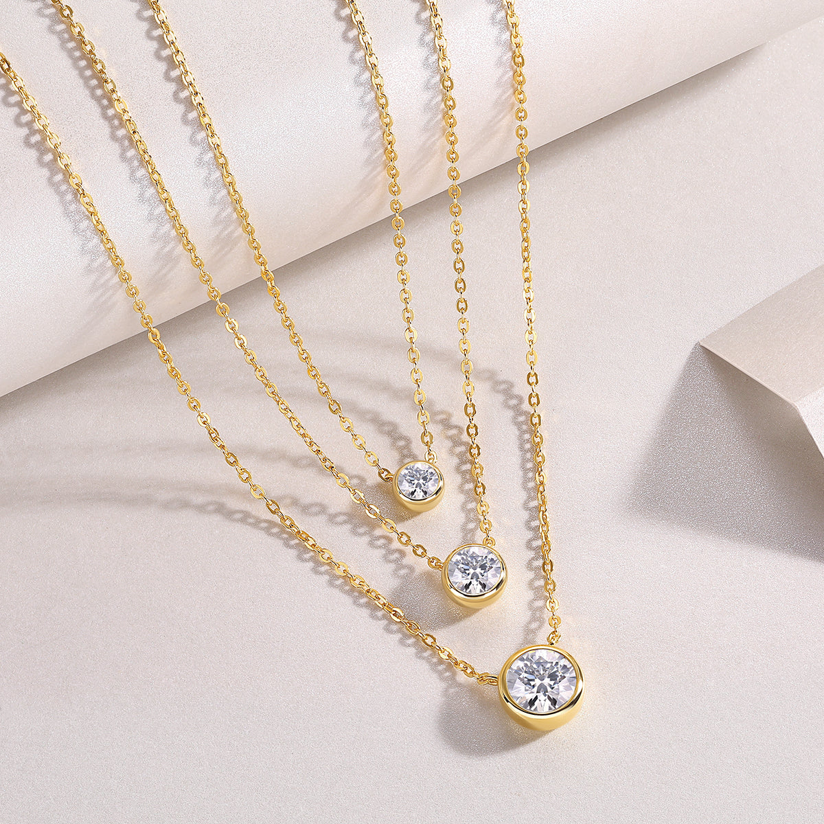 Golden Orbit Necklace | 925 Sterling Silver, Graduated Bezel Moissanite Necklace