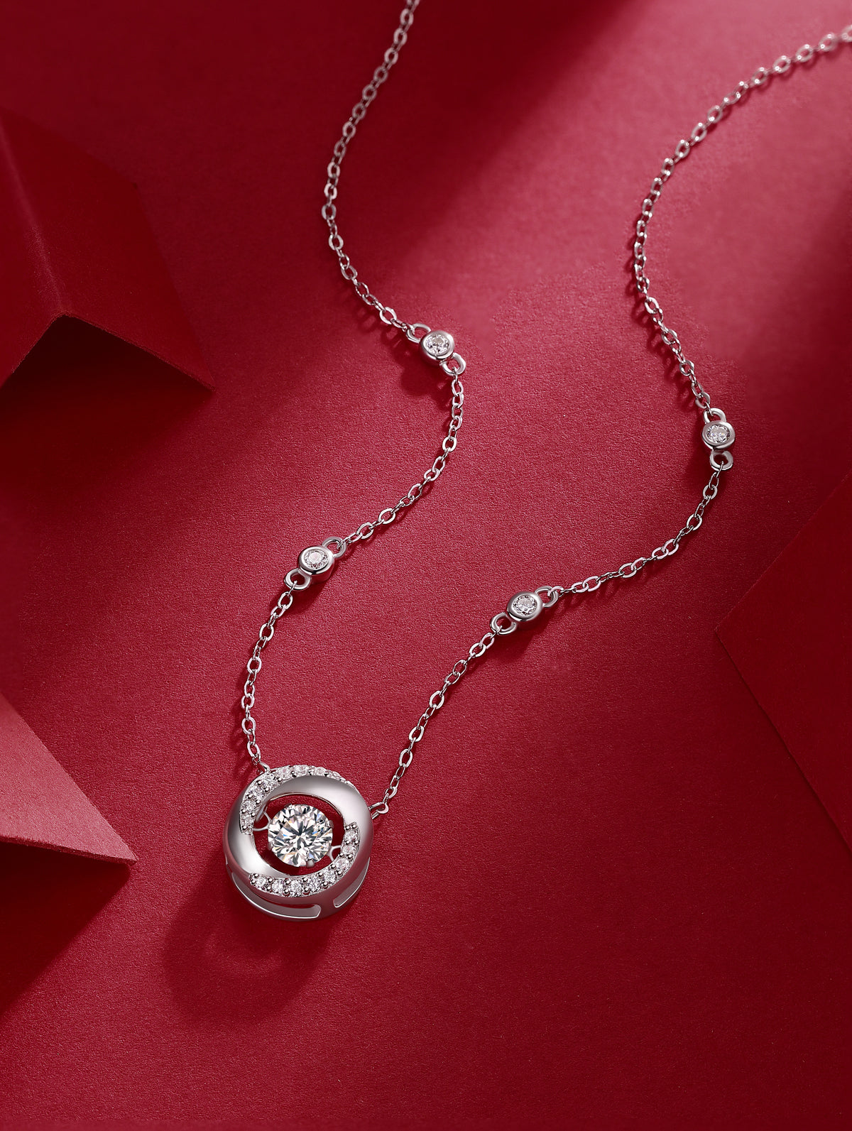 Orbit Halo Necklace | Round Cut Moissanite, 925 Sterling Silver