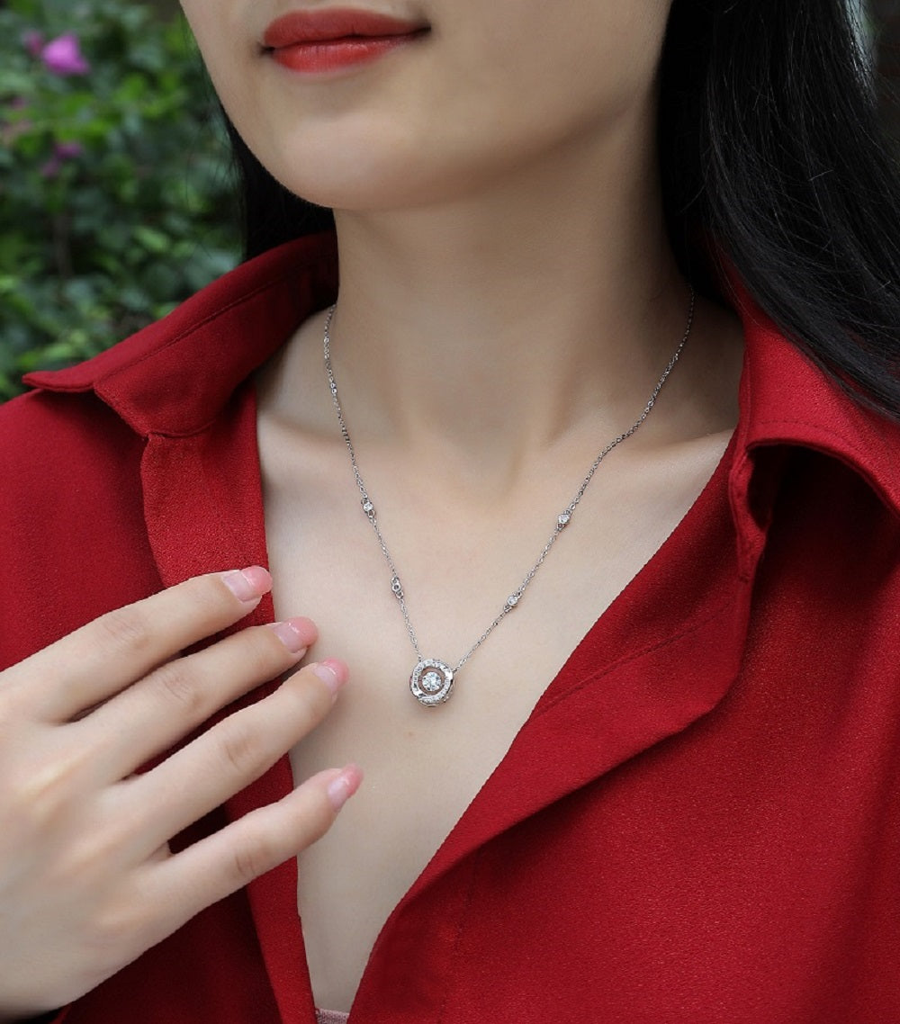 Orbit Halo Necklace | Round Cut Moissanite, 925 Sterling Silver