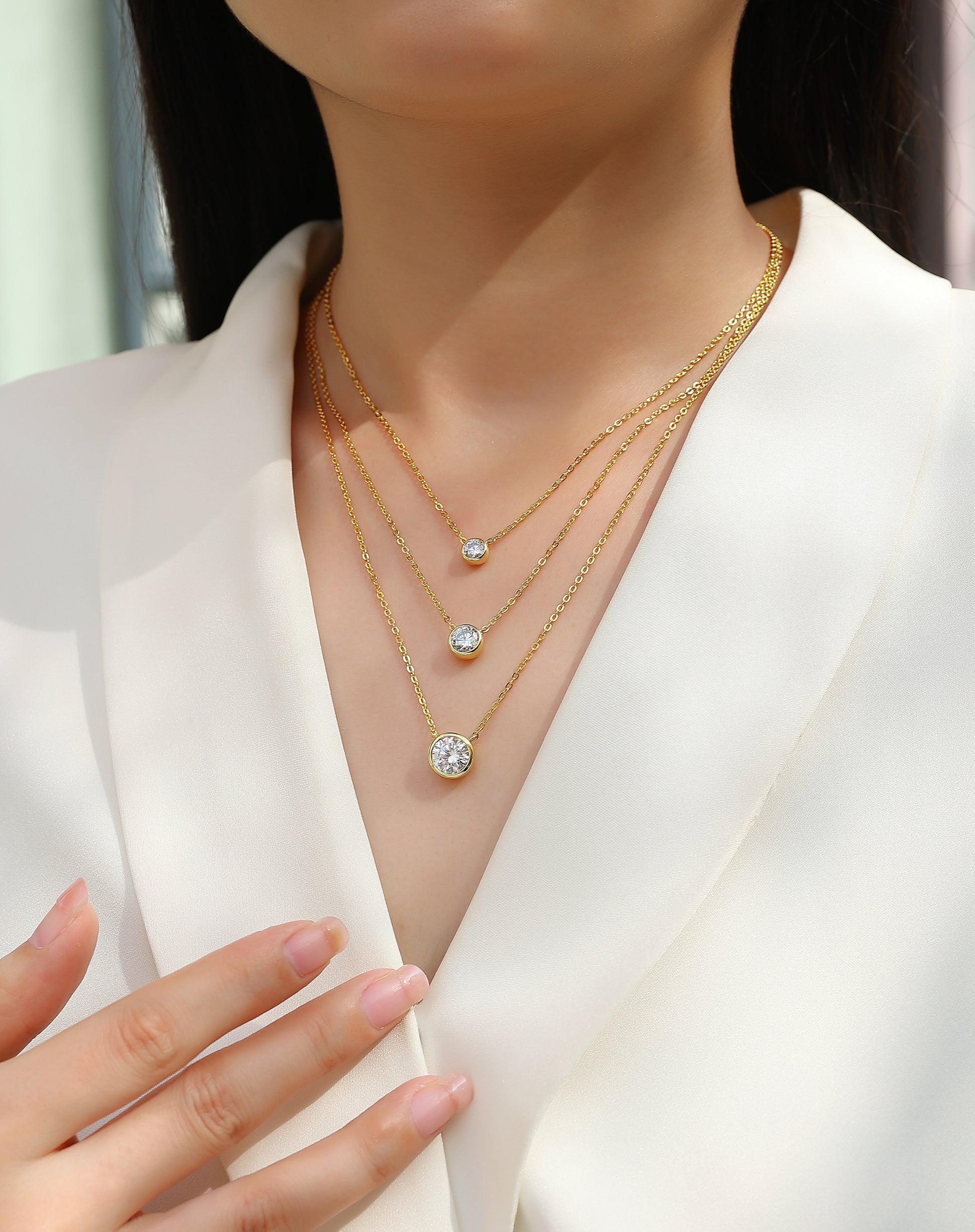 Golden Orbit Necklace | 925 Sterling Silver, Graduated Bezel Moissanite Necklace
