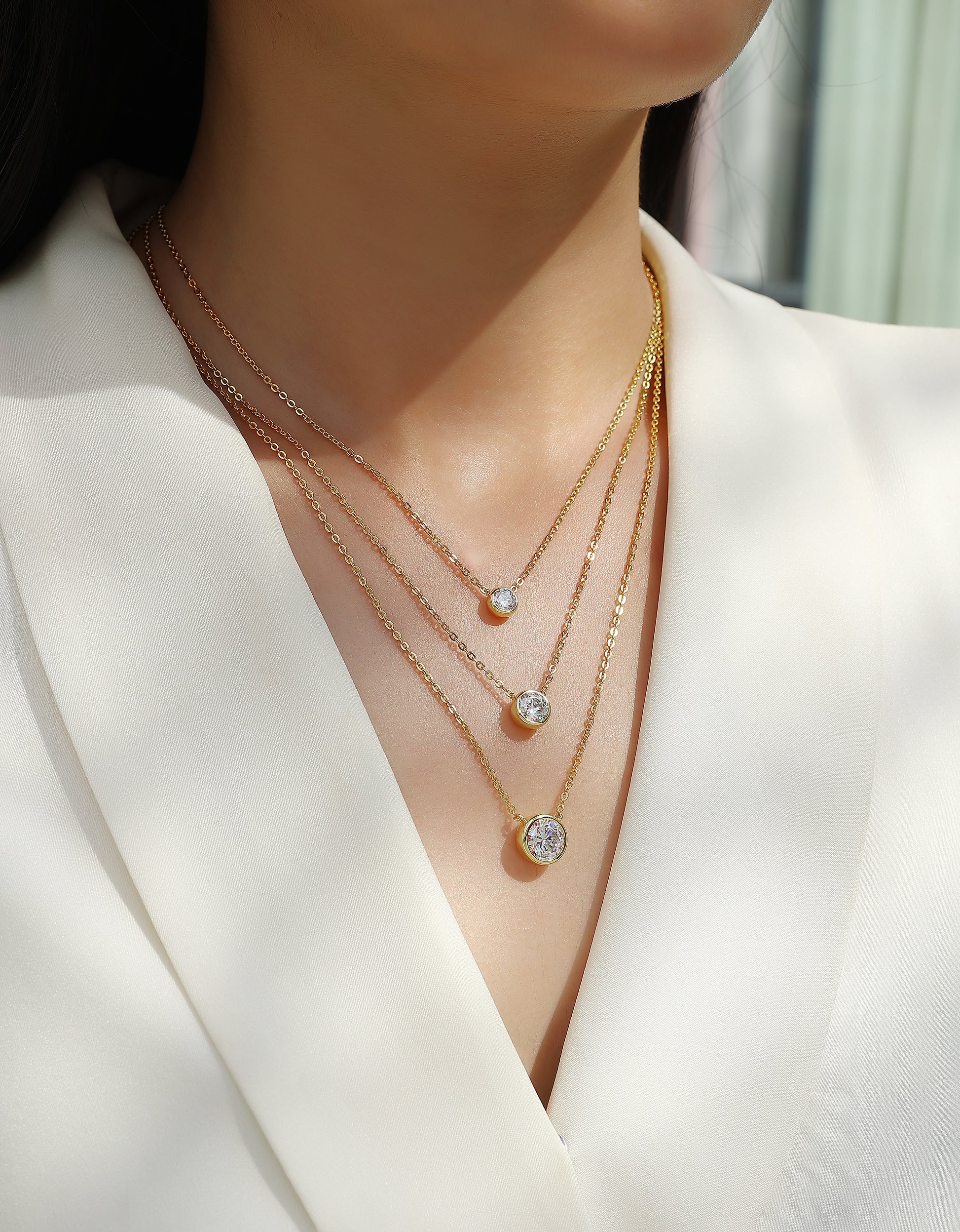 Golden Orbit Necklace | 925 Sterling Silver, Graduated Bezel Moissanite Necklace