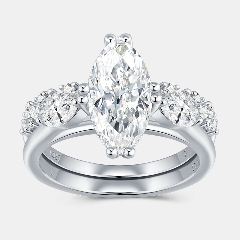 Marquise Three-Stone Prong-Set Moissanite Ring with Pavé Band