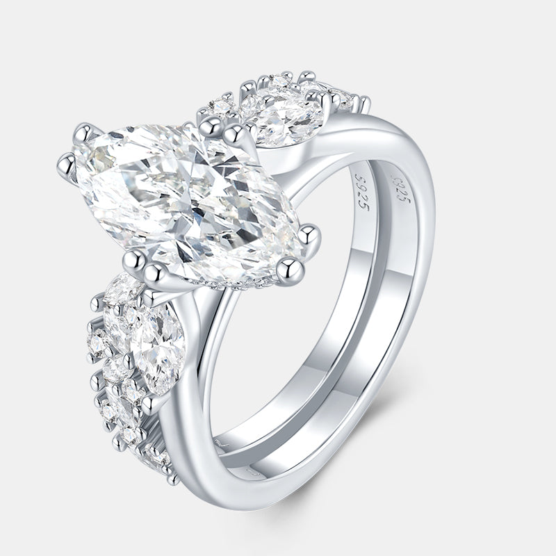 Marquise Three-Stone Prong-Set Moissanite Ring with Pavé Band