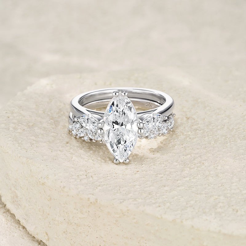 Marquise Three-Stone Prong-Set Moissanite Ring with Pavé Band