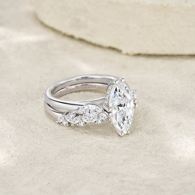 Marquise Three-Stone Prong-Set Moissanite Ring with Pavé Band